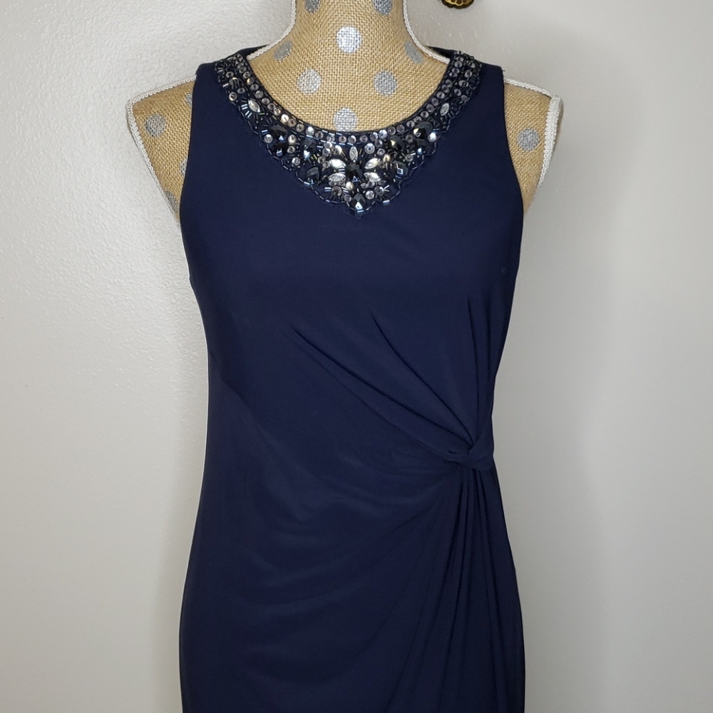 DJ-Jaz Ruched Sparkle Embellished Sleeveless Navy Midi 10 Dress